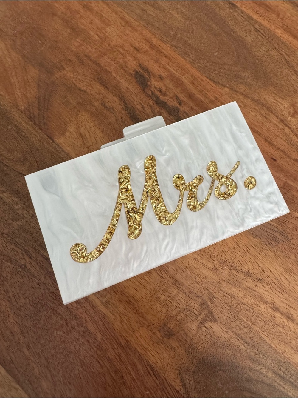 Mrs. Gold Script Acrylic Clutch - White Pearl
